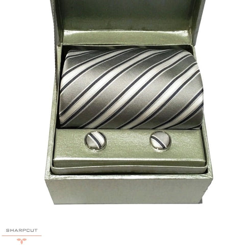 Silver Arezzo Stripe Pure Silk Tie & Cufflinks sharpcut