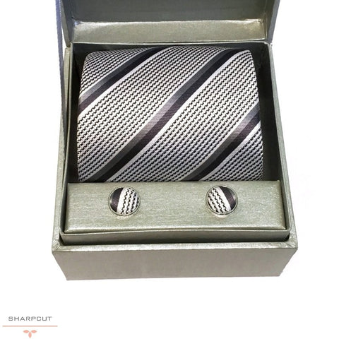 Silver Black Pure Silk Tie & Cufflinks sharpcut