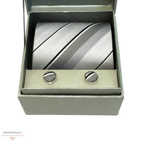 Silvertail White Pure Silk Tie & Cufflinks sharpcut